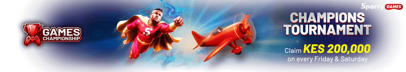 Sporty Games Champions Tournament banner promoting a Games Championship with a prize of KES 200,000 every Friday and Saturday.