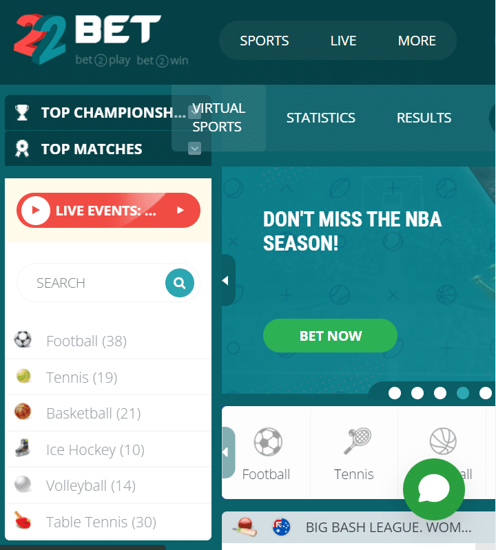 22bet homepage