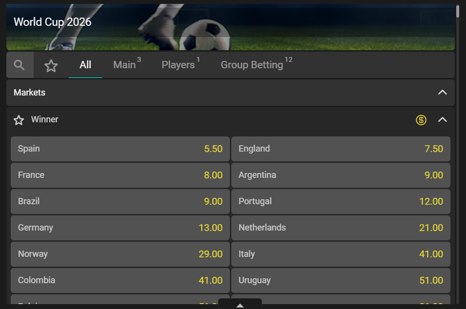 While Spain currently tops the odds board screenshot from WRbet