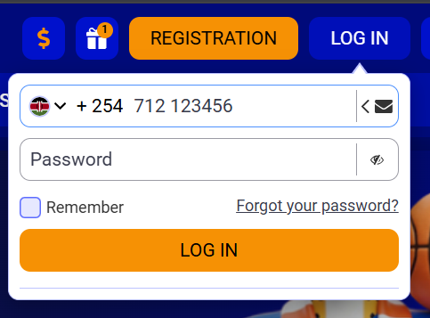 Mobile login form showing Kenyan country code phone number field, password field with “Remember” checkbox, “Forgot your password?” link, and orange “LOG IN” button below a highlighted “REGISTRATION” tab.)