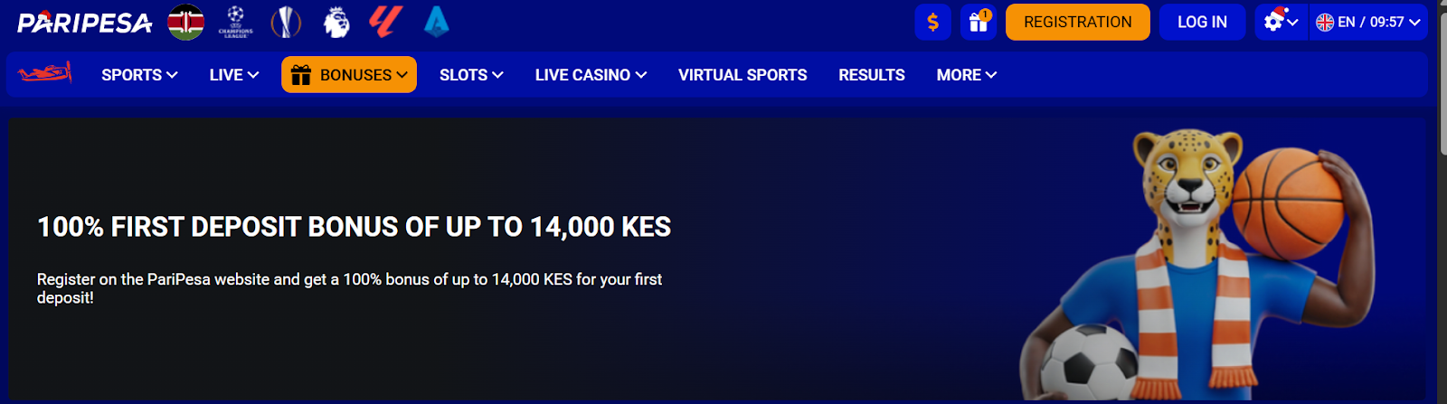  Homepage banner for PariPesa showing a 100% first deposit bonus offer up to 14,000 KES, with navigation menu at the top and a cartoon cheetah mascot holding a football and basketball on the right.