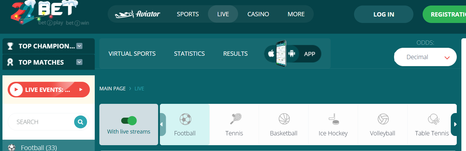 22Bet  website interface showing navigation tabs and a football section with live streaming options highlighted.