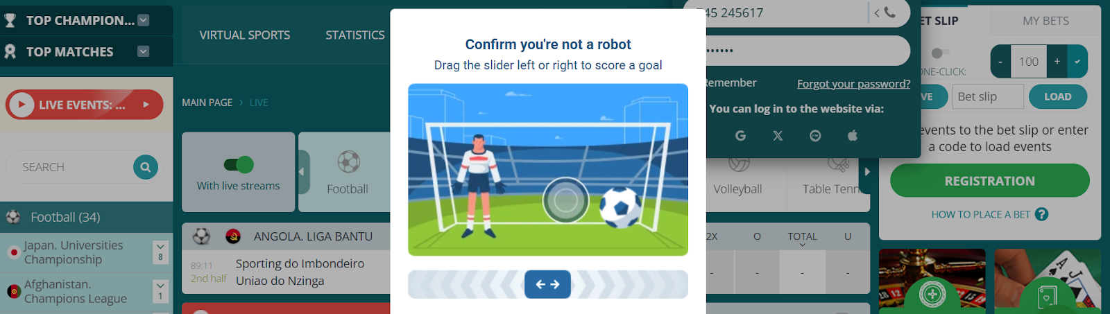 Overlay captcha asking the user to drag a slider to score a goal and confirm they are not a robot.