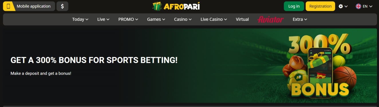 AfroPari homepage banner advertising a 300% sports betting bonus with sports balls and a gift-wrapped phone.)