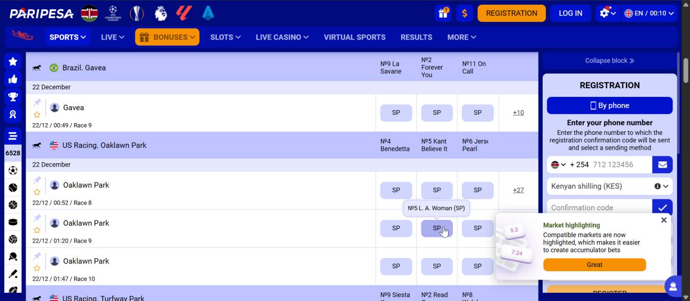 Screenshot of the Greenbet betting site showing horse race listings and a Kenyan registration form.)