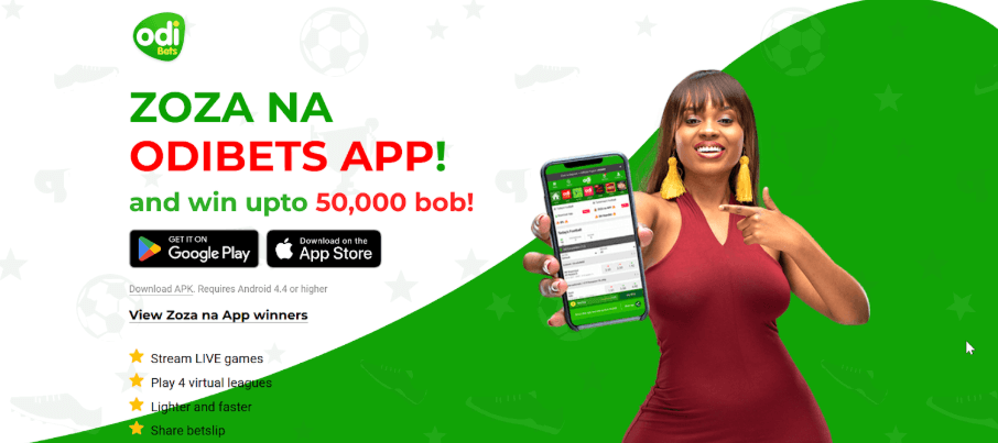 Promotional banner for the Odibets mobile app showing a woman in a red dress holding up a smartphone with the betting app interface and text advertising a chance to win up to 50,000 bob.
