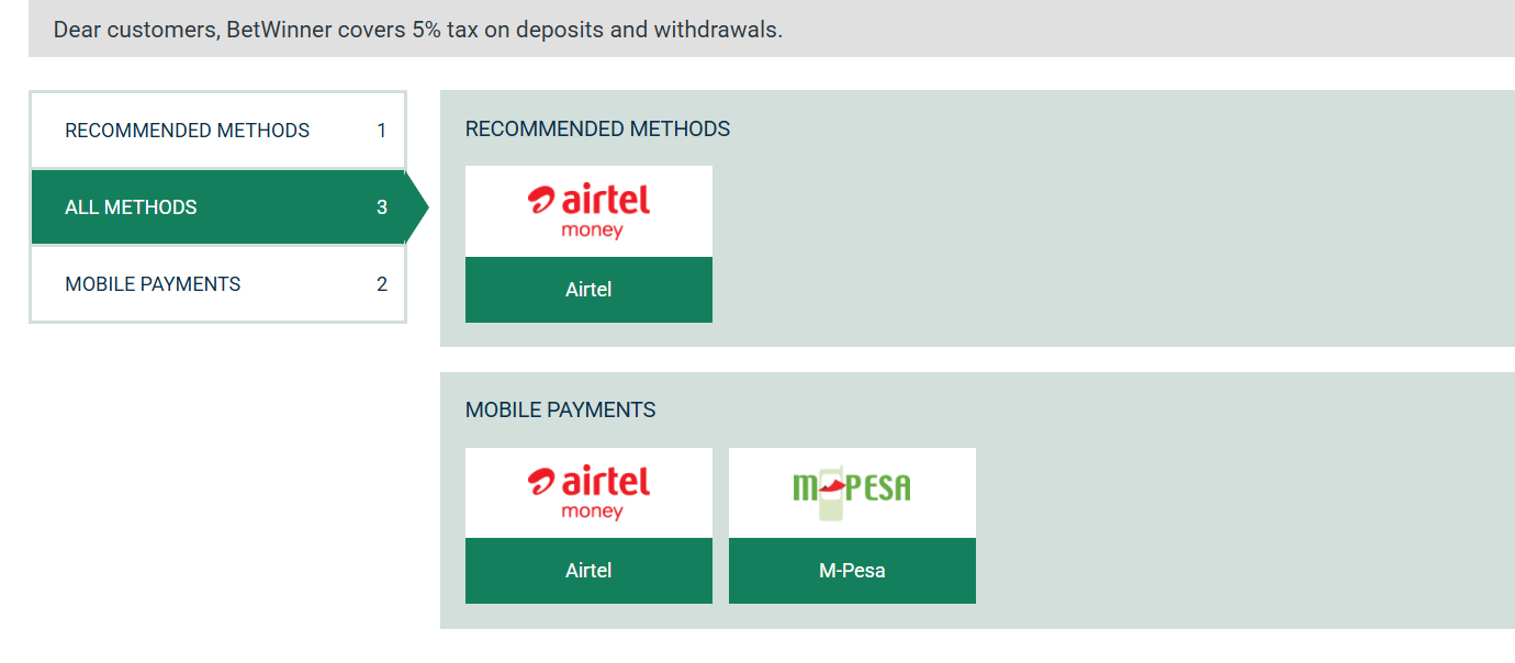 BetWinner deposit and withdrawal methods showing Airtel Money and M-Pesa mobile payment options.)