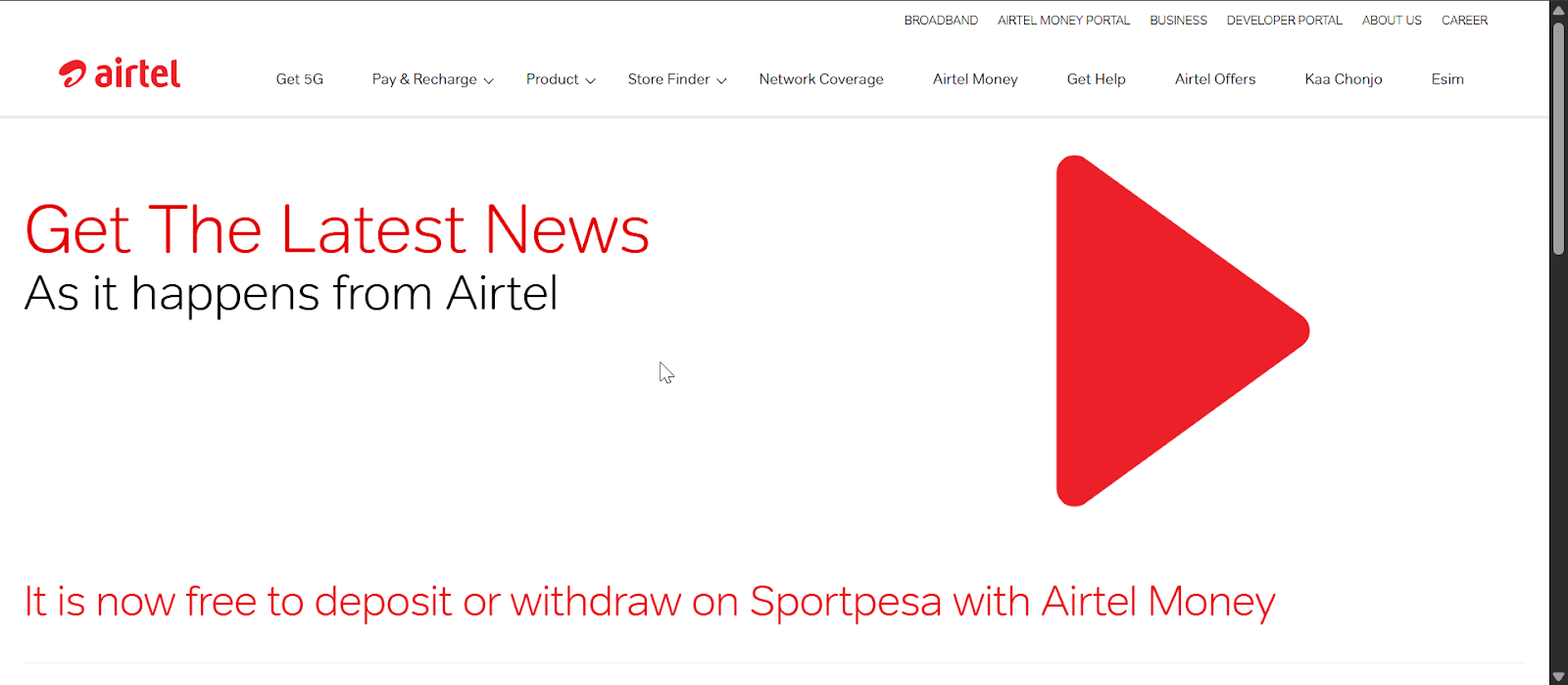 Airtel Kenya announcement that deposits and withdrawals on SportPesa with Airtel Money are now free.)