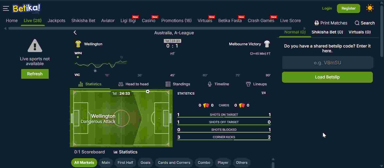 Betika platform displaying real-time match stats.