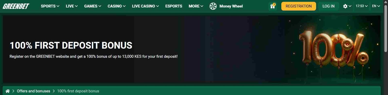 Greenbet 100% first deposit bonus banner with gold balloons