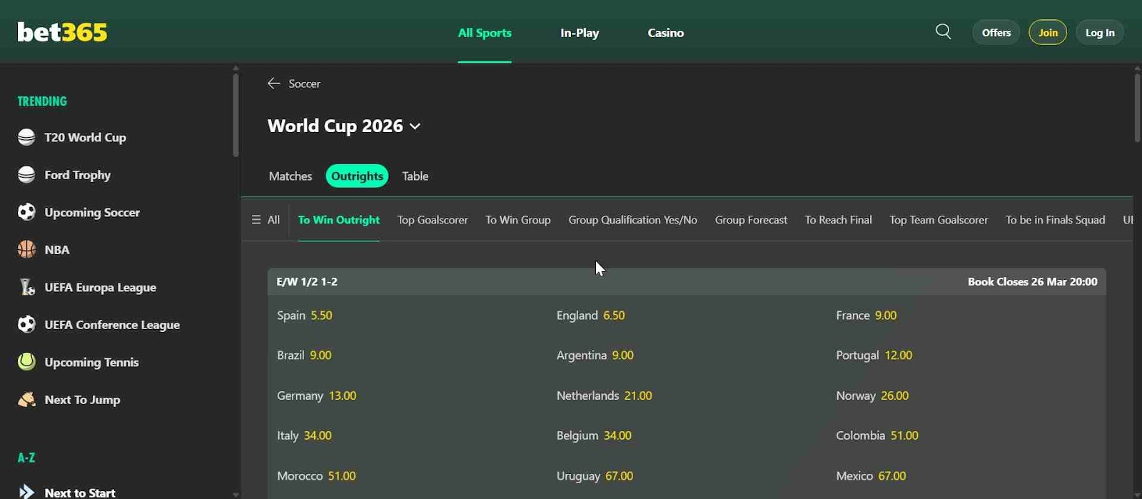 Bet365 soccer betting odds interface showing odds for world cup outrights