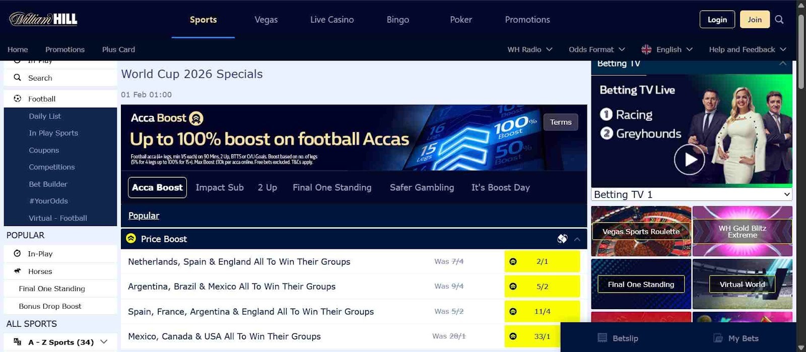 Screenshot of the William Hill sports betting website featuring World Cup 2026 specials and football promotions.)