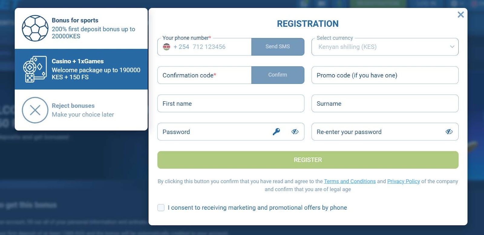 1xBet registration form with bonus