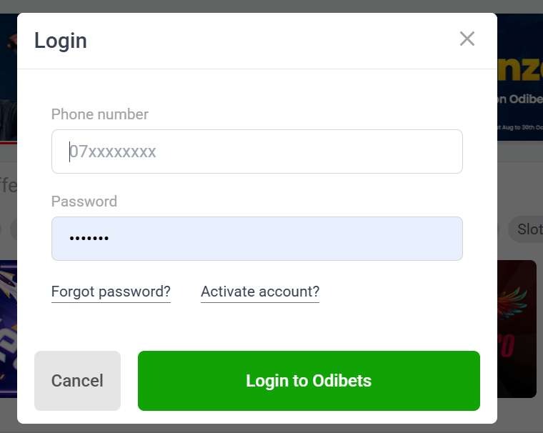 Odibets login popup window interface