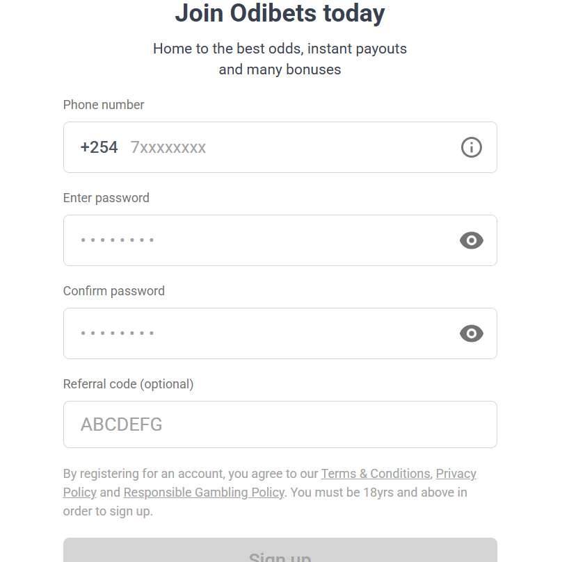 Odibets account registration sign up form