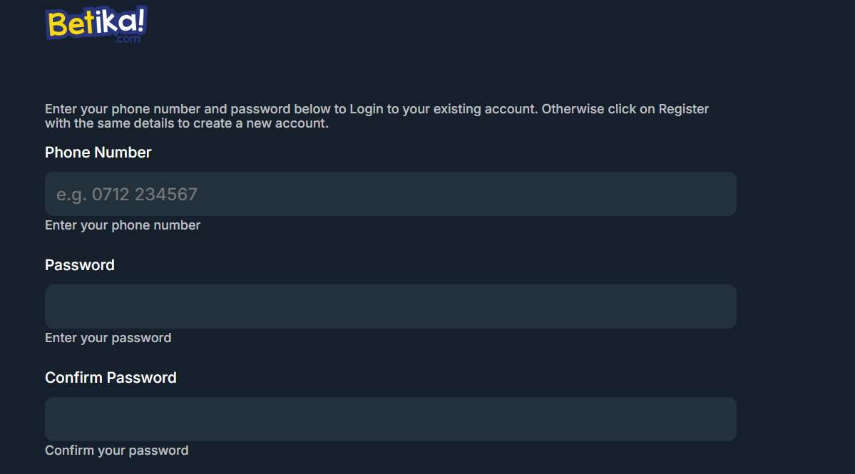 Betika new account registration fields