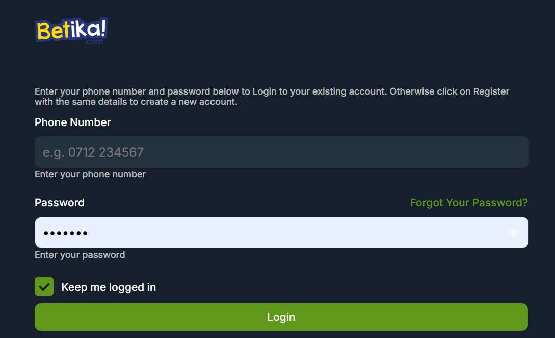 Betika website secure login interface.