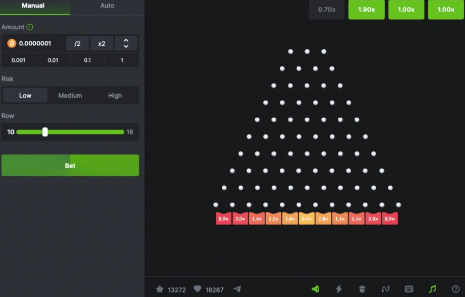 A digital Plinko casino game interface featuring a triangular peg board and betting controls.