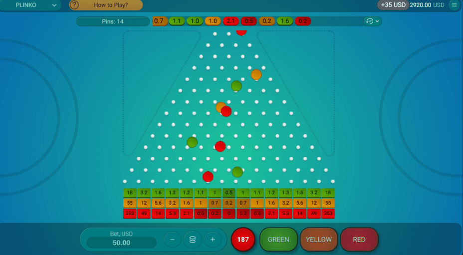A Plinko game interface with colored balls falling through a peg pyramid toward multiplier slots.