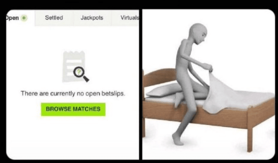 Split image showing an empty betslip screen next to a 3D figure sadly getting into bed.
