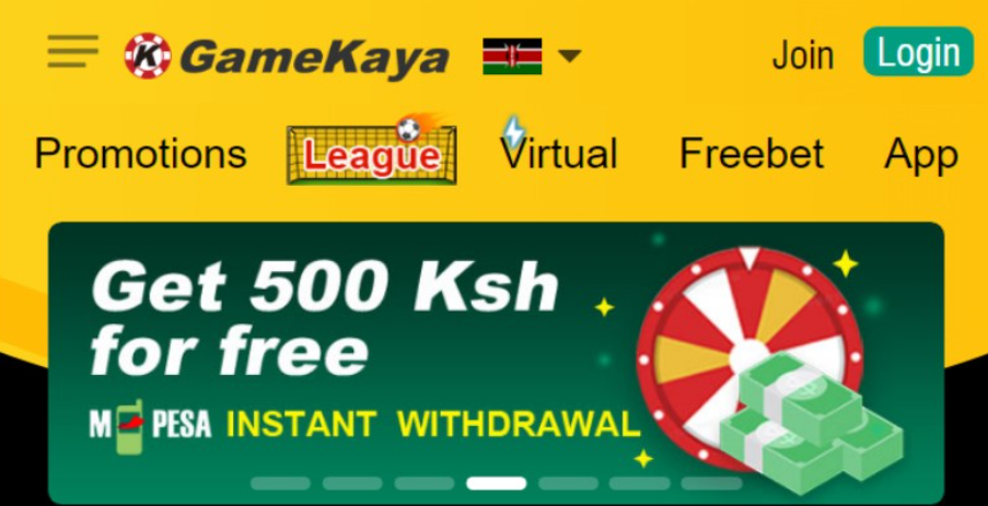 GameKaya website header featuring menu options and a promotional banner for a 500 Ksh bonus.